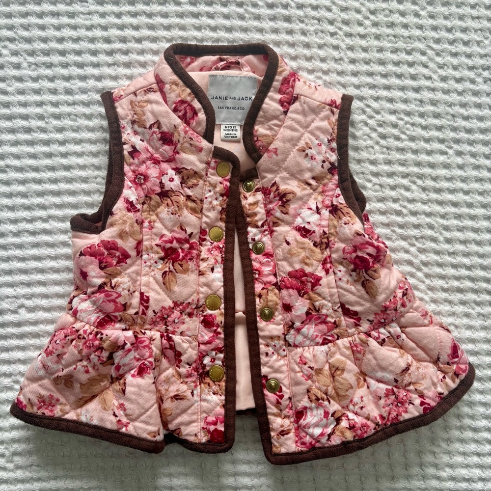 Janie and Jack Floral Baby Girl Pink Quilted Floral Peplum Vest 6-12 Months
